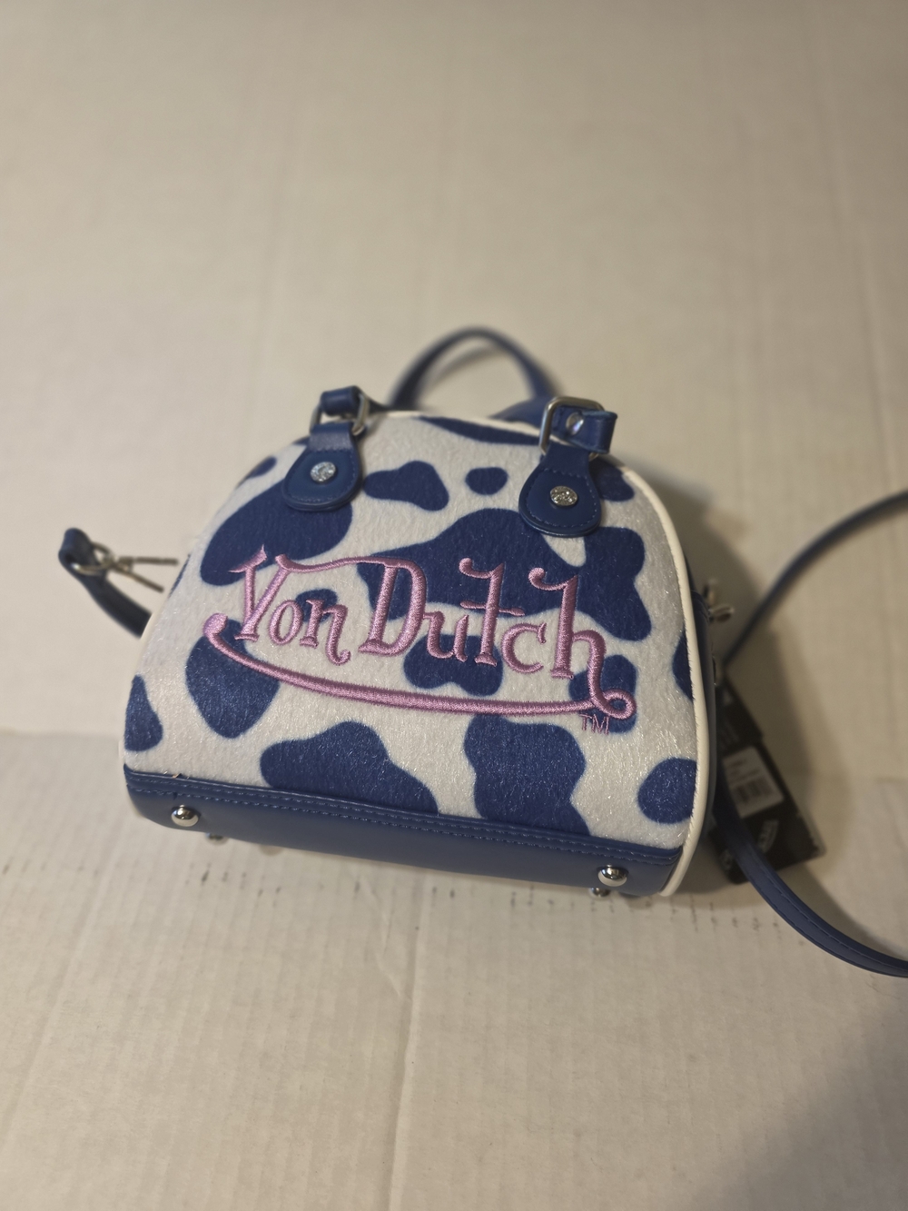 Von Dutch Blue & White Mini Cow-Print Crossbody Bag